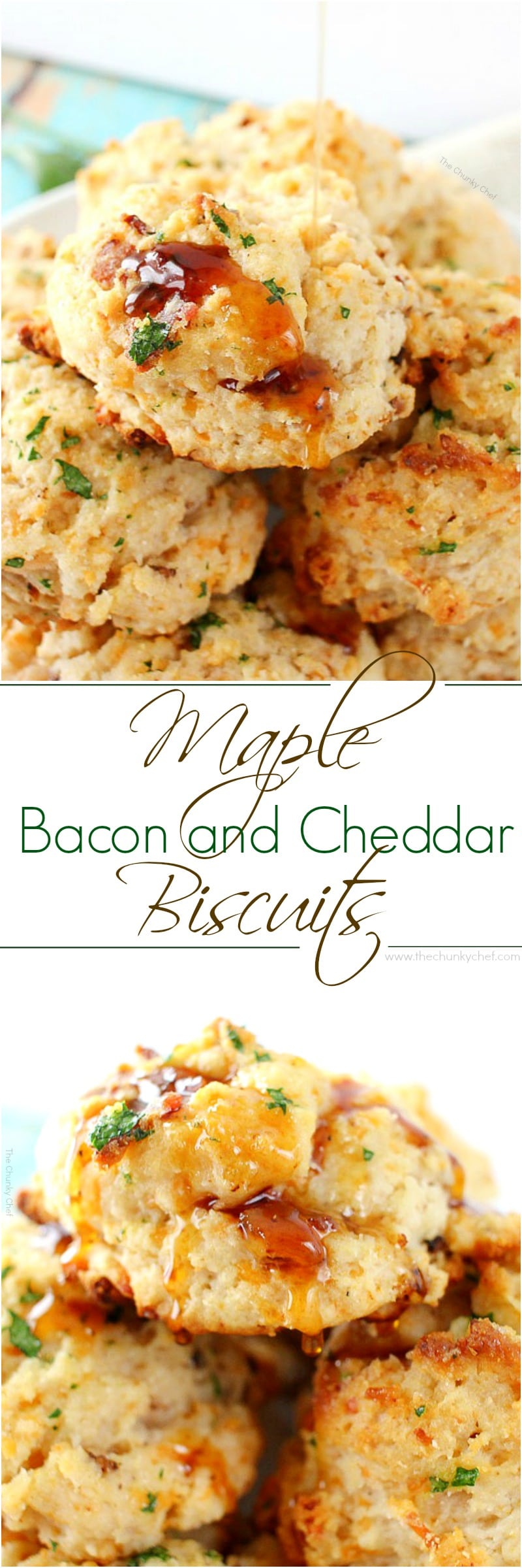 Fluffy buttermilk biscuits that are both savory and sweet... flavored with cheddar cheese, crispy bacon and maple syrup, then brushed with melted butter!