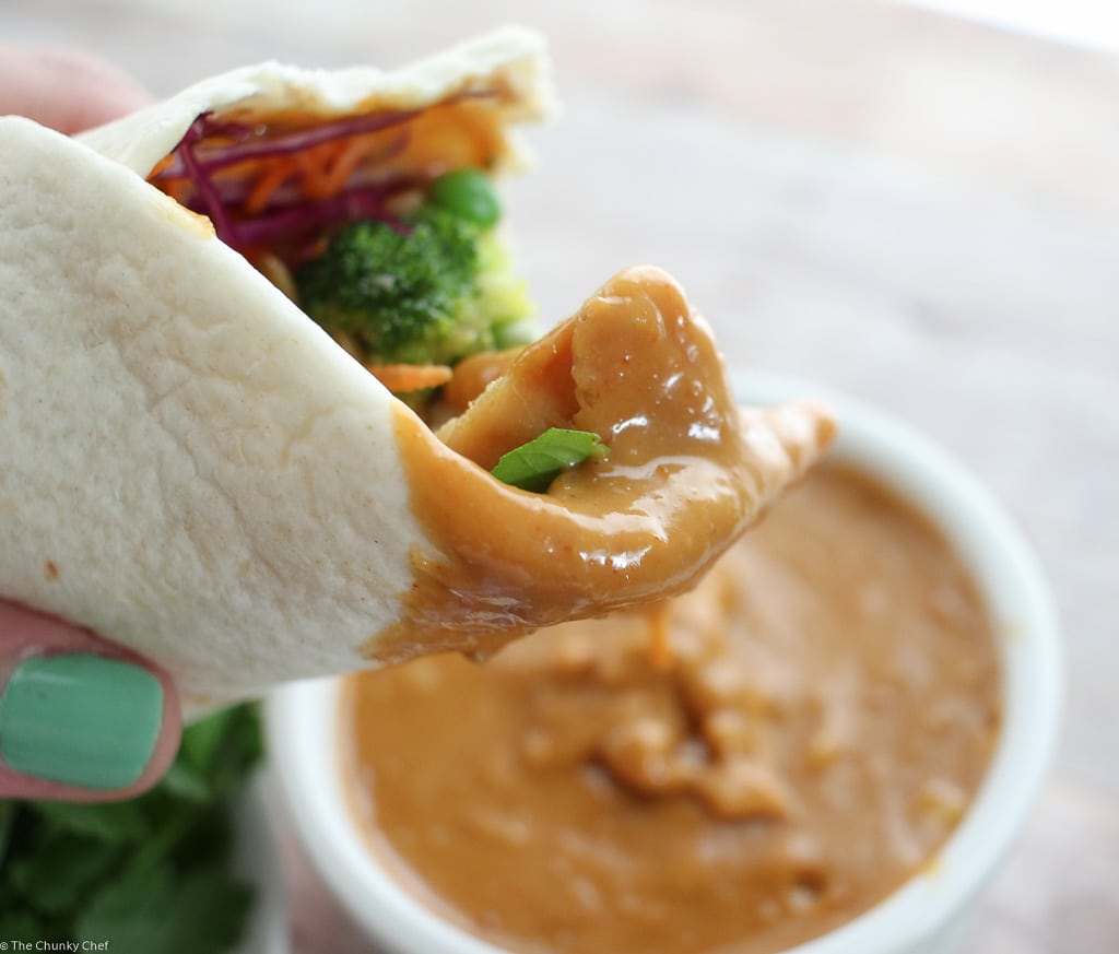 Spicy Thai Peanut Chicken Wraps | These quick and easy chicken wraps are loaded with great flavors! Just 6 easy ingredients plus a homemade Thai peanut sauce, and you're good to go! | http://thechunkychef.com