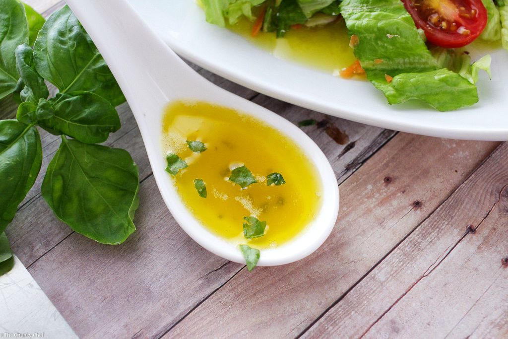 A simple red wine vinaigrette with the added flavors of shallot, basil, mustard, and a touch of honey.  1000x better than store-bought dressings!