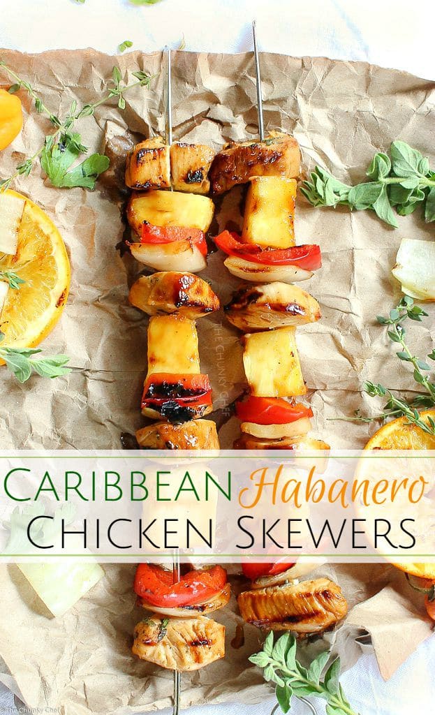 Taste the Caribbean in these citrus habanero chicken skewers... marinated chicken, onions, peppers, and pineapple.. all grilled to smoky charred perfection!