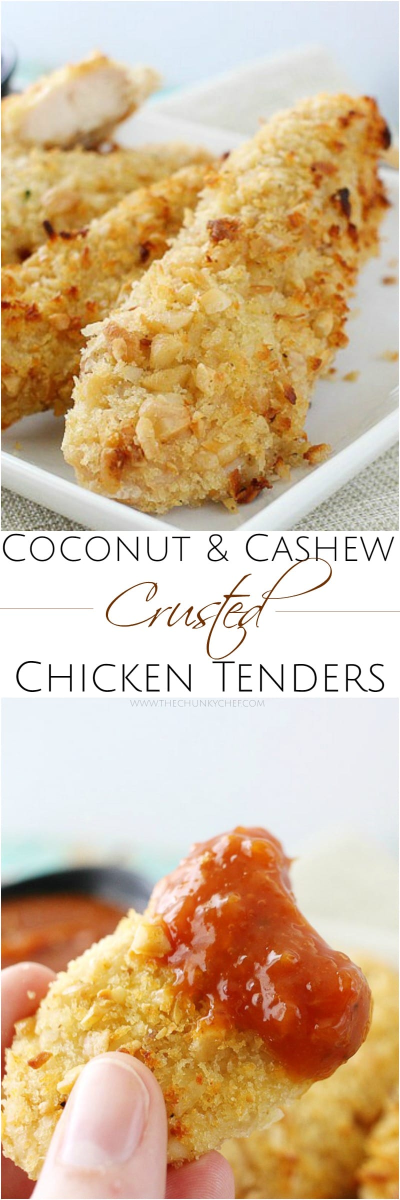 Not your run of the mill baked chicken tenders... this chicken is crusted in a delicious coconut and cashew breading and baked to golden brown perfection!