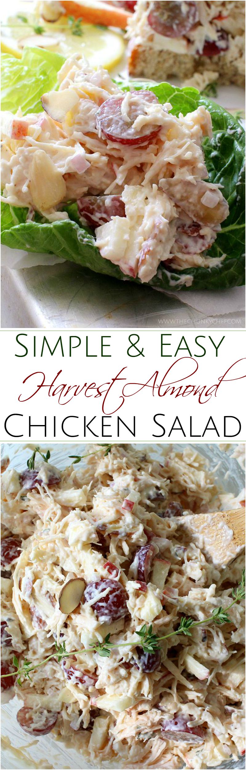 Make busy weeknight meals a snap with this easy harvest almond chicken salad! Crisp apples, sweet grapes and crunchy almonds add great texture and flavor!