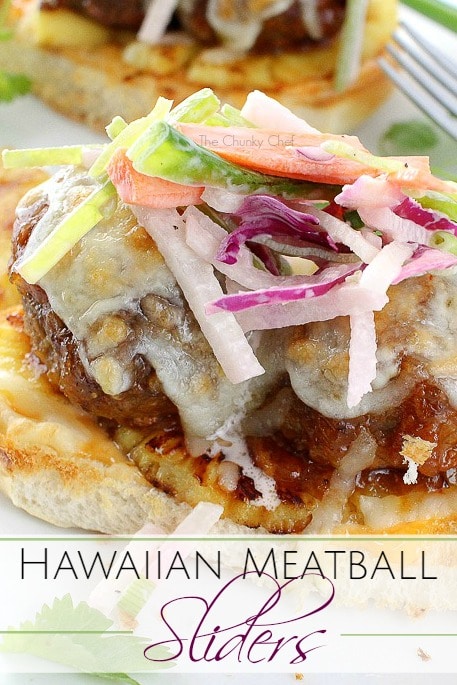 These Hawaiian meatball sliders are juicy, cheesy, sweet with a little spicy kick, and topped off with a crunchy and flavorful jicama slaw!