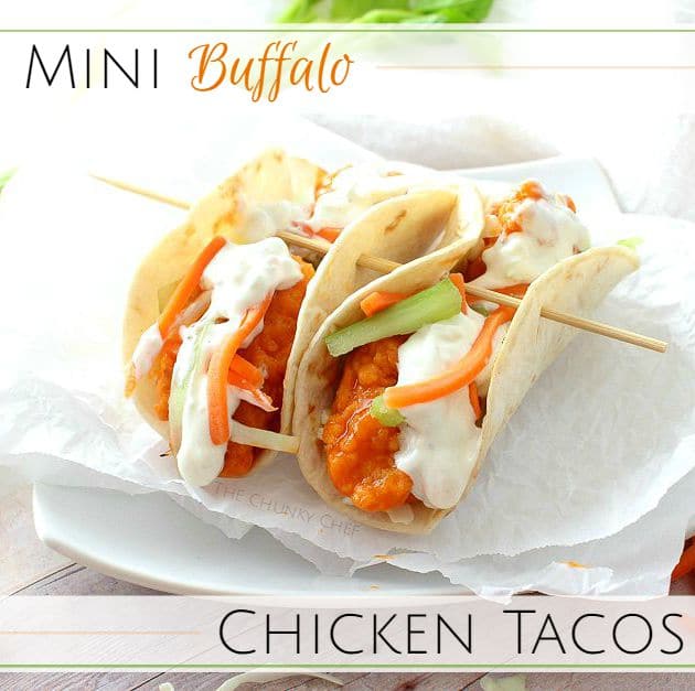 A combination of two classic foods... buffalo chicken wings and mini tacos. Complete with crunchy carrot and celery slaw and creamy blue cheese dressing!