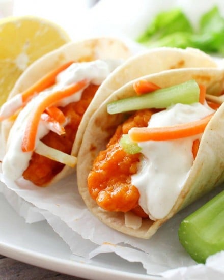 A combination of two classic foods... buffalo chicken wings and mini tacos. Complete with crunchy carrot and celery slaw and creamy blue cheese dressing!