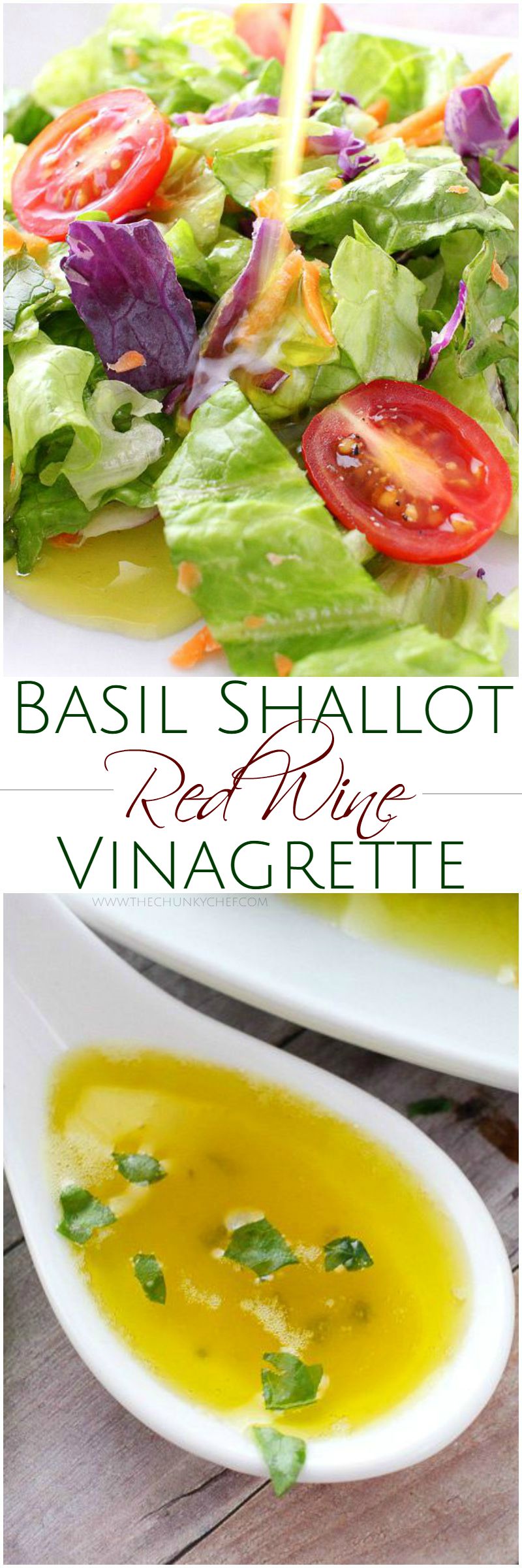 A simple red wine vinaigrette with the added flavors of shallot, basil, mustard, and a touch of honey. 1000x better than store-bought dressings!