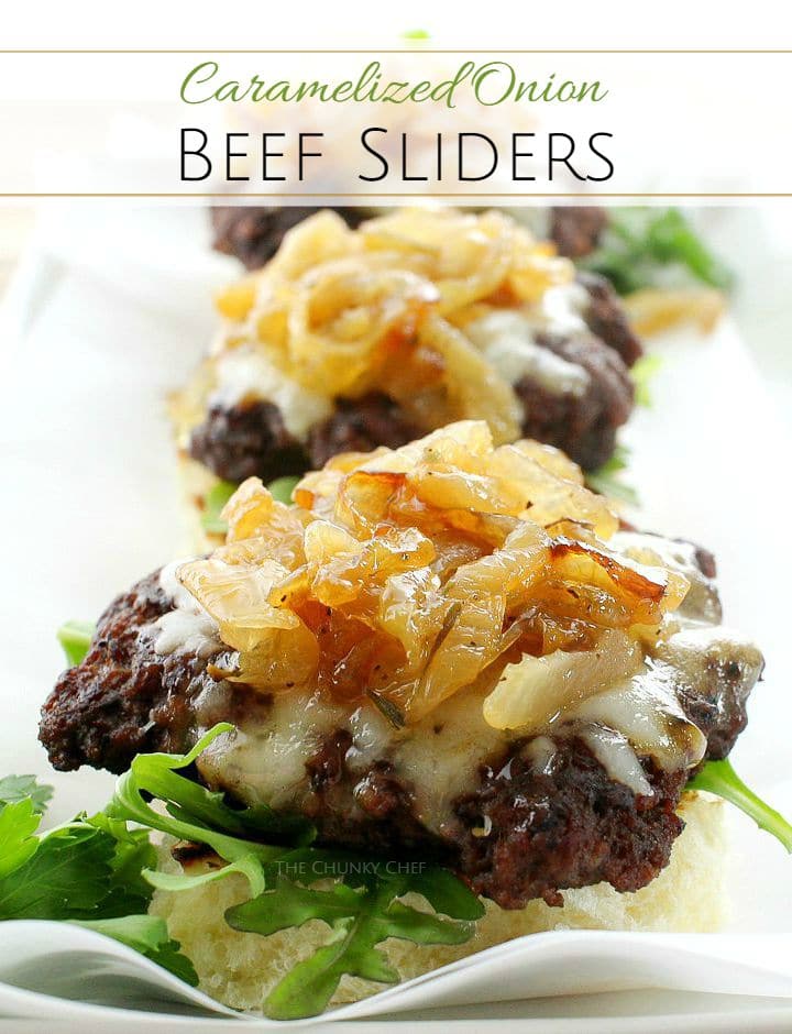 Caramelized Onion Beef Sliders | The Chunky Chef | Ground beef sliders smothered in melted gruyere cheese, topped with caramelized onions and thyme, peppered bacon and a flavorful A1 mayo!