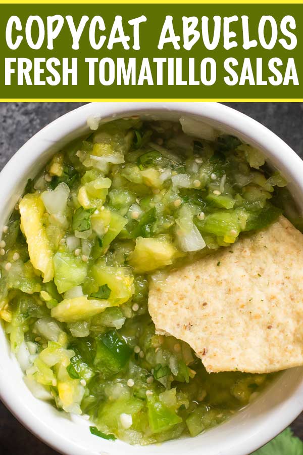 This copycat of Abuelo's tomatillo lime salsa is so close, you'll think you're actually at the restaurant!  Bright, fresh, and ready in 5 minutes! #salsa #tomatillo #lime #copycat #abuelos #greensalsa #easyrecipe #Mexican #copycatrecipe