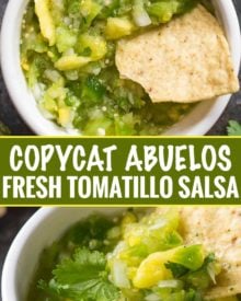 This copycat of Abuelo's tomatillo lime salsa is so close, you'll think you're actually at the restaurant!  Bright, fresh, and ready in 5 minutes! #salsa #tomatillo #lime #copycat #abuelos #greensalsa #easyrecipe #Mexican #copycatrecipe