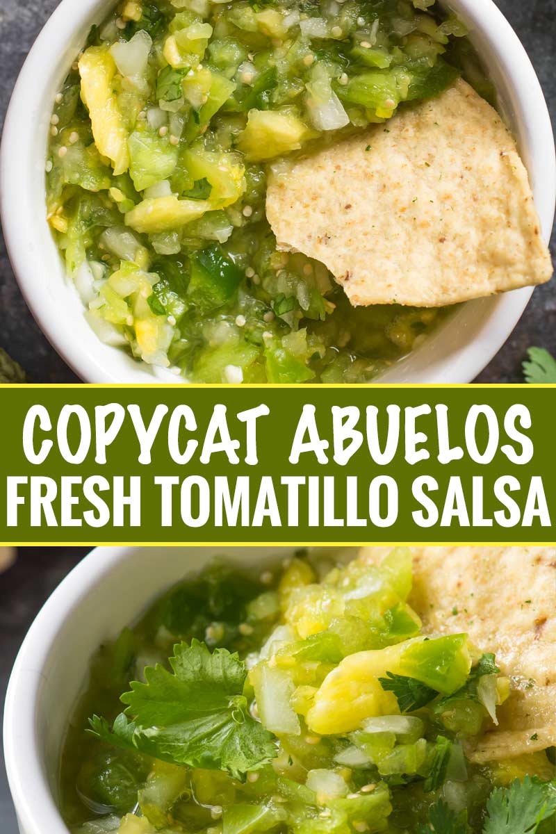 This copycat of Abuelo's tomatillo lime salsa is so close, you'll think you're actually at the restaurant!  Bright, fresh, and ready in 5 minutes! #salsa #tomatillo #lime #copycat #abuelos #greensalsa #easyrecipe #Mexican #copycatrecipe