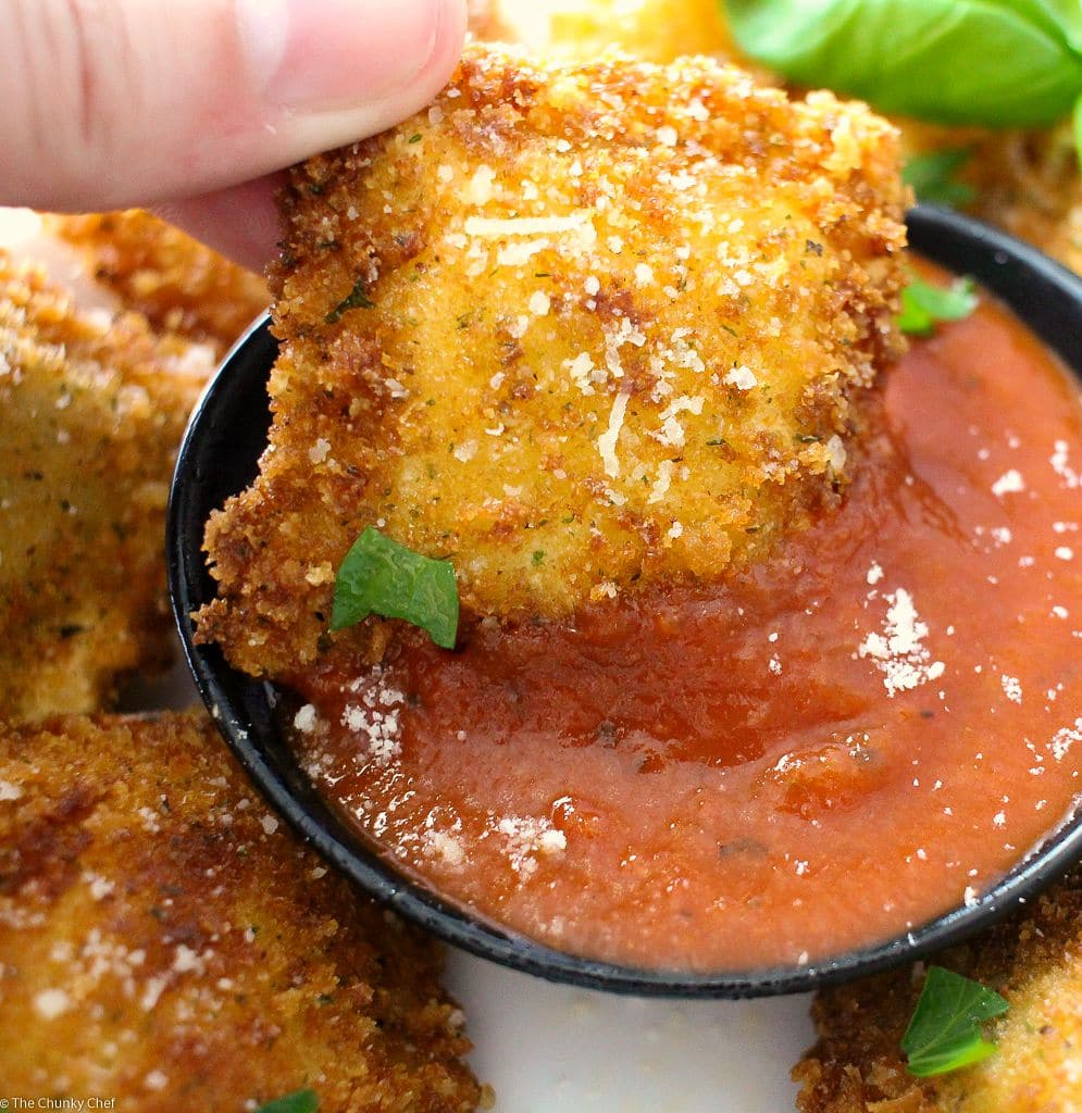 The Chunky Chef | Crispy Fried Ravioli |  Like Olive Garden's toasted ravioli, but better! This crispy fried ravioli is easy to make, yet impressive. Perfect for a party, or the family dinner table.
