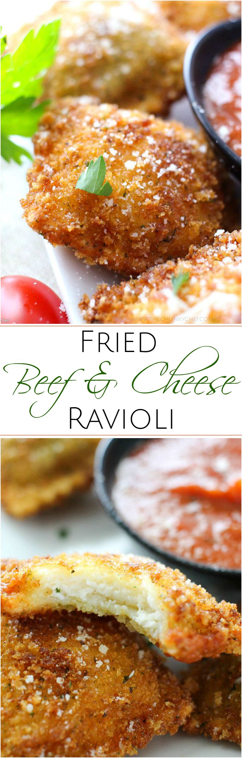 The Chunky Chef | Crispy Fried Ravioli |  Like Olive Garden's toasted ravioli, but better! This crispy fried ravioli is easy to make, yet impressive. Perfect for a party, or the family dinner table.