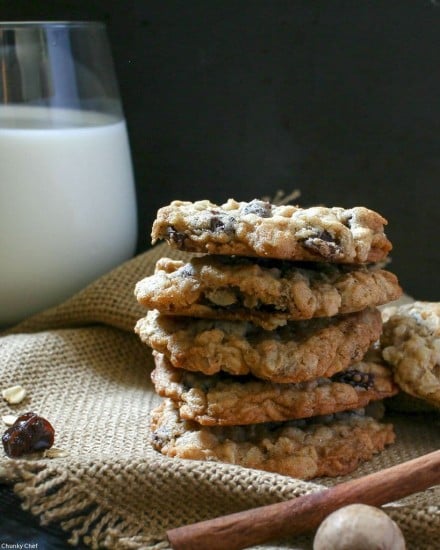 Soft and chewy spiced oatmeal cookies, studded with crunchy toasted walnuts and sweet bursts of brandy-soaked raisins... the ultimate oatmeal raisin cookies