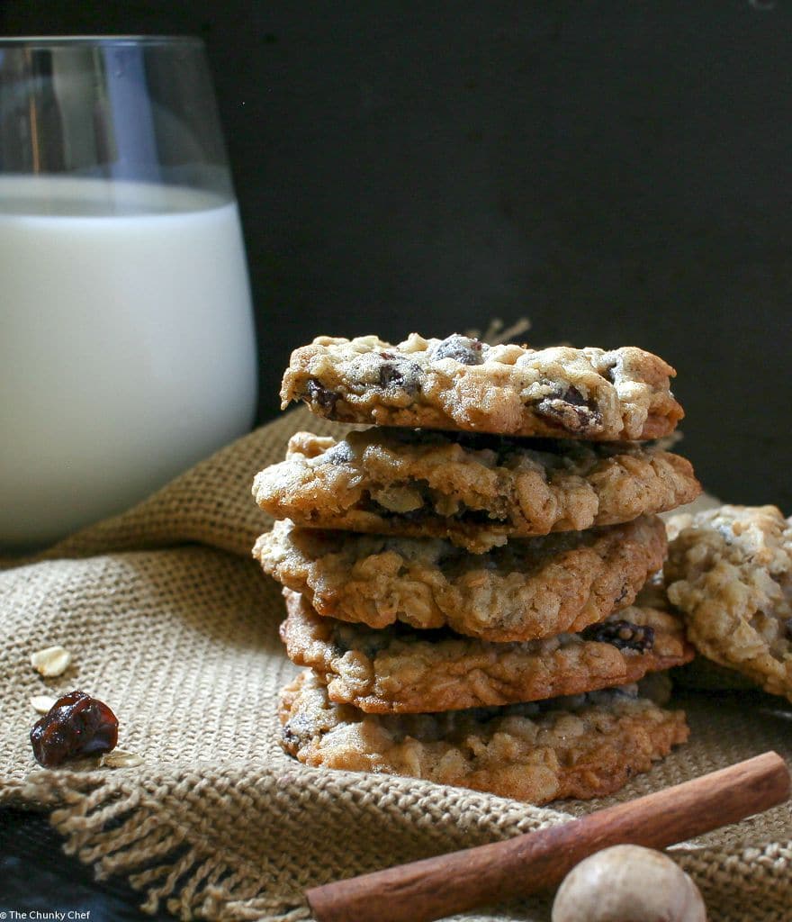 Soft and chewy spiced oatmeal cookies, studded with crunchy toasted walnuts and sweet bursts of brandy-soaked raisins... the ultimate oatmeal raisin cookies