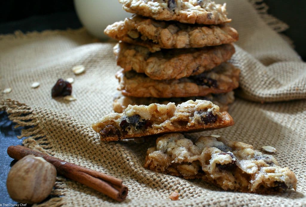 Spiced Brandy Oatmeal Raisin Cookie | Soft and chewy spiced oatmeal cookies, studded with crunchy toasted walnuts and sweet bursts of raisins that have been soaked in brandy