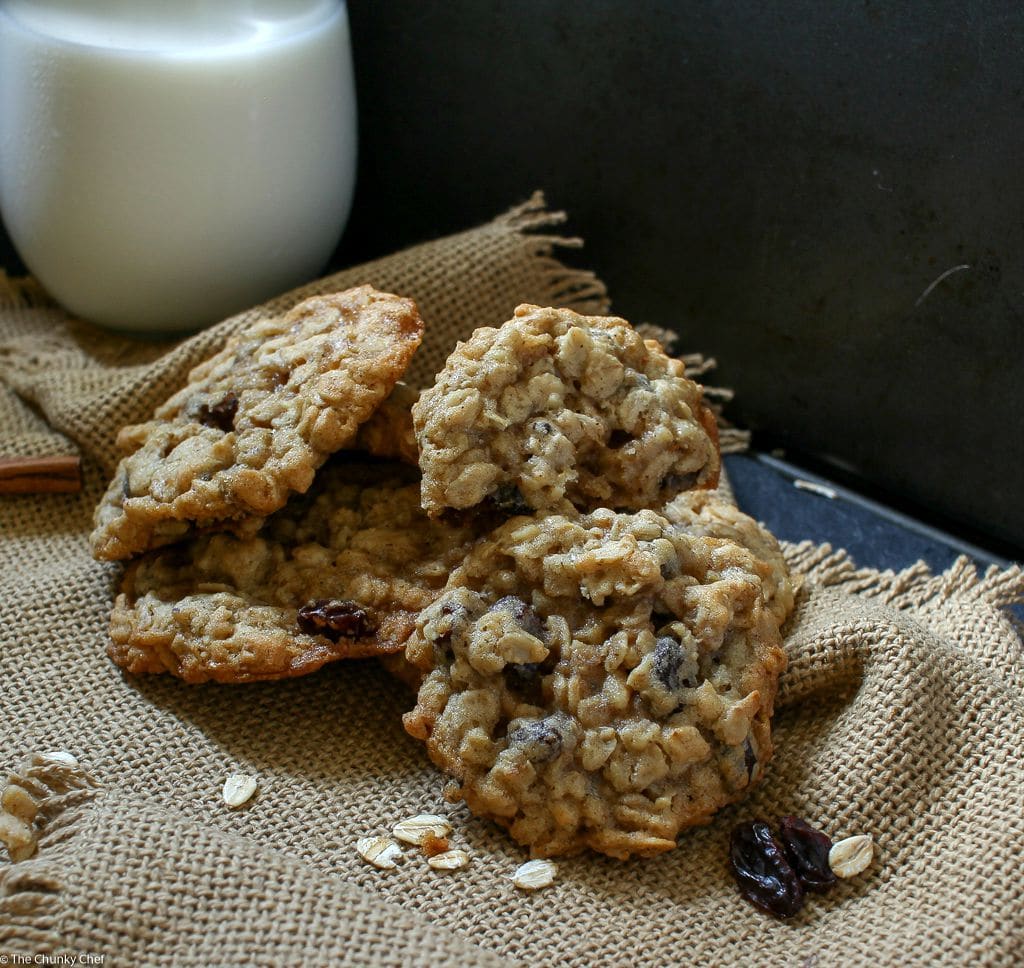 Spiced Brandy Oatmeal Raisin Cookie | Soft and chewy spiced oatmeal cookies, studded with crunchy toasted walnuts and sweet bursts of raisins that have been soaked in brandy