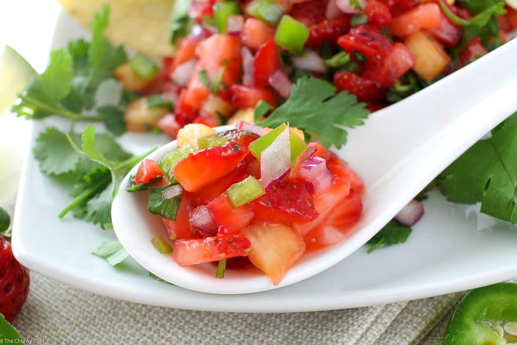 The Chunky Chef | Strawberry Jalapeno and Pineapple Salsa: Fresh, summery, and tasty!  This strawberry jalapeno and pineapple salsa is perfect with crisp tortilla chips, or as a topper for some grilled chicken.