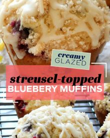 Tender and moist blueberry muffins topped with a crunchy streusel and drizzled with a decadent creamy glaze! Great for breakfast OR dessert! #muffins #blueberry #blueberrymuffins #streusel #glazed #breakfast #breakfastrecipes #baking 