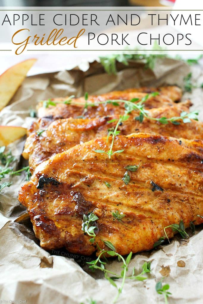 Apple Cider Orange and Thyme Grilled Pork Chops | The Chunky Chef | Summer meets Fall in these apple cider orange and thyme grilled pork chops.. deliciously juicy and tender with a finger-licking glaze! A "must try" recipe!