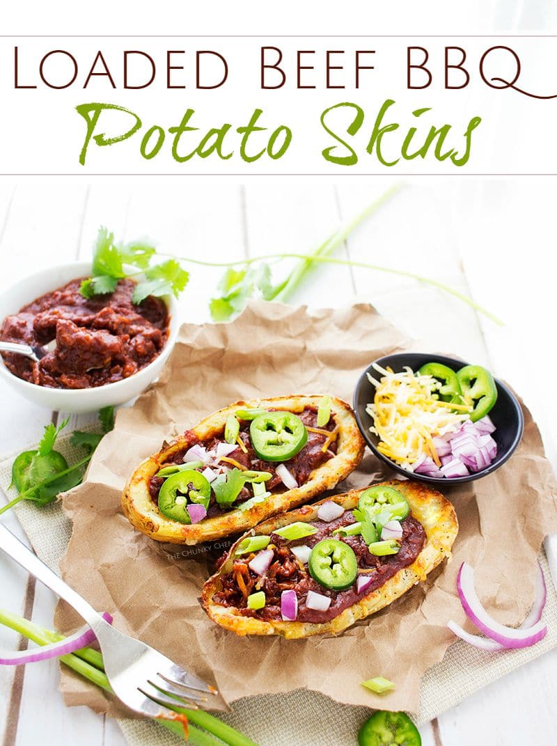 Loaded Beef BBQ Potato Skins | The Chunky Chef | The classic potato skins appetizer gets a BBQ twist! Savory beef BBQ on top of crispy and cheesy potato skins - perfect for game day or a great snack!
