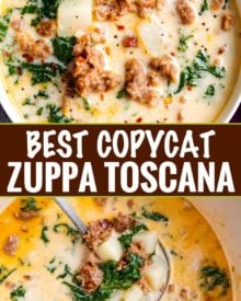 The BEST copycat zuppa toscana soup, made with spicy crumbled sausage, silky potatoes, and an ultra creamy broth.  Bacon and kale put the finishing touch on this Olive Garden copycat recipe! #soup #souprecipe #copycat #zuppatoscana #olivegarden #slowcooker #crockpot #instantpot #pressurecooker #easyrecipe #weeknightmeal