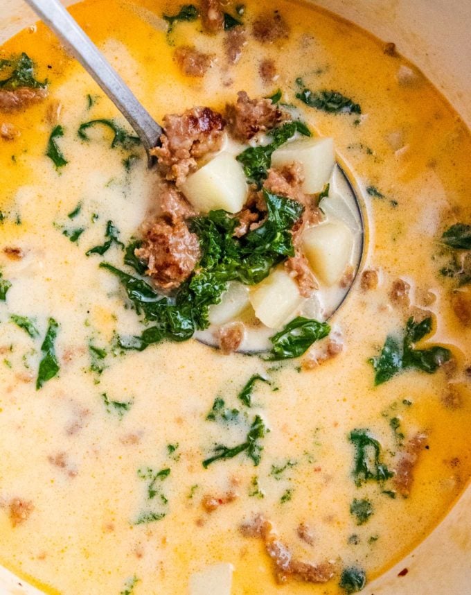 Ladle of zuppa toscana soup