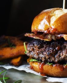 Coffee Rubbed Burgers with Dr Pepper BBQ Sauce | The Chunky Chef | Not your average burger! Juicy beef burgers seasoned with a spiced coffee rub, topped with peppered bacon and a lip smacking Dr Pepper BBQ sauce!