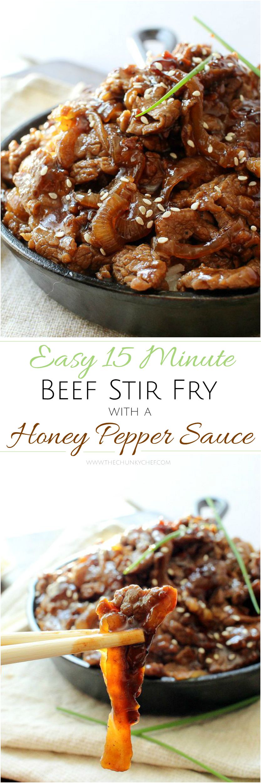 15 Minute Honey Pepper Beef Stir Fry | The Chunky Chef | Fast and easy, yet BIG on flavor! This beef stir fry with a luscious honey pepper sauce comes together in about 15 minutes... perfect for a weeknight!