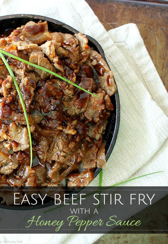 15 Minute Honey Pepper Beef Stir Fry | The Chunky Chef | Fast and easy, yet BIG on flavor! This beef stir fry with a luscious honey pepper sauce comes together in about 15 minutes... perfect for a weeknight!