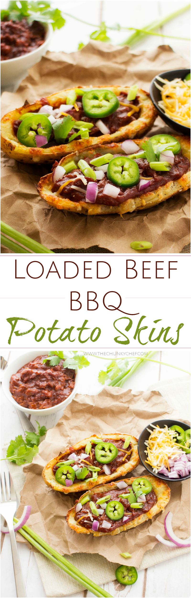 Loaded Beef BBQ Potato Skins | The Chunky Chef | The classic potato skins appetizer gets a BBQ twist! Chipotle beef BBQ on top of crispy and cheesy potato skins - perfect for game day or a great snack!