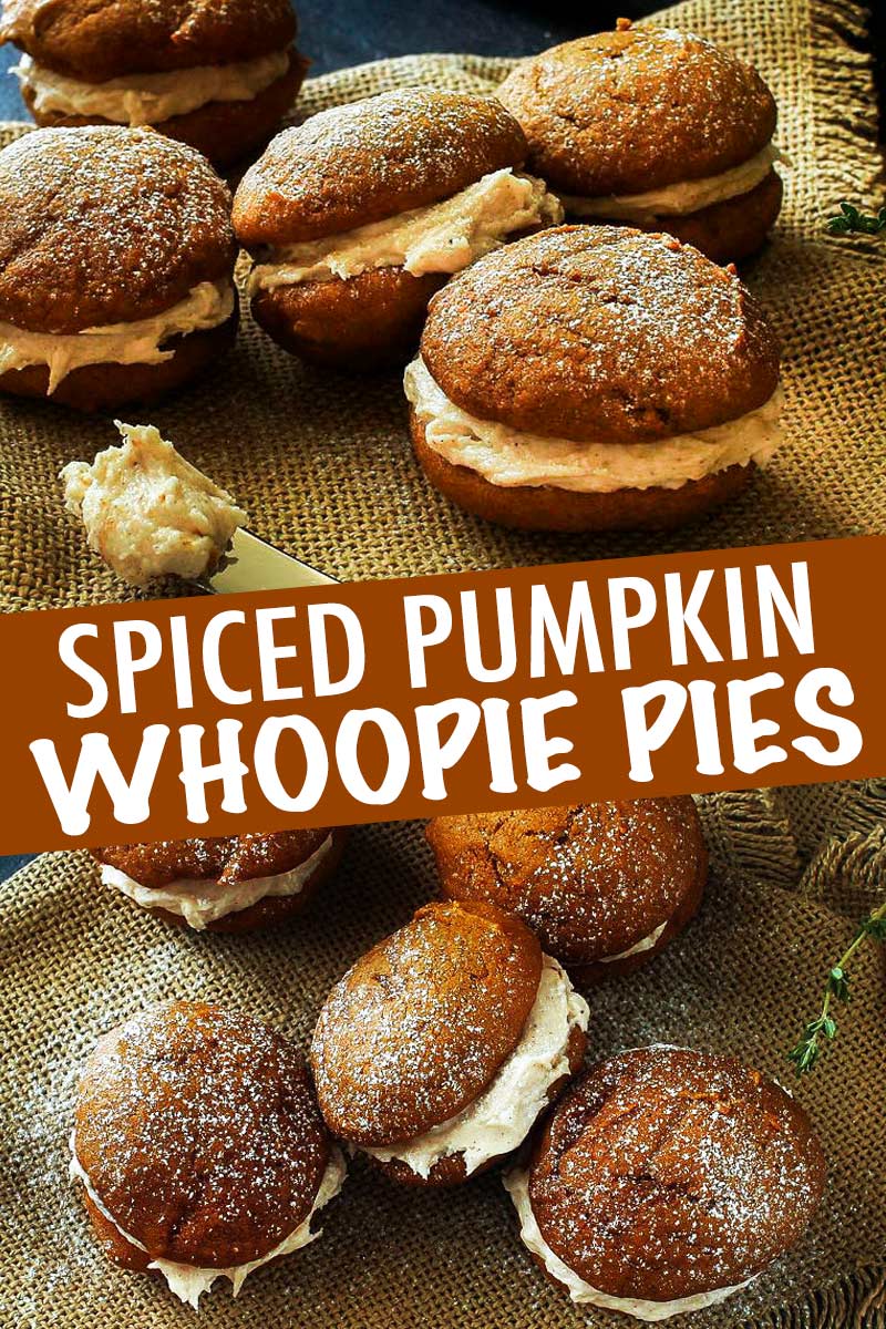 Soft and light spiced pumpkin cookies sandwiched together with a decadent, yet easy to make, browned butter maple cinnamon frosting! #fallbaking #baking #cookies #whoopiepies #pumpkin #pumpkinspice #maple