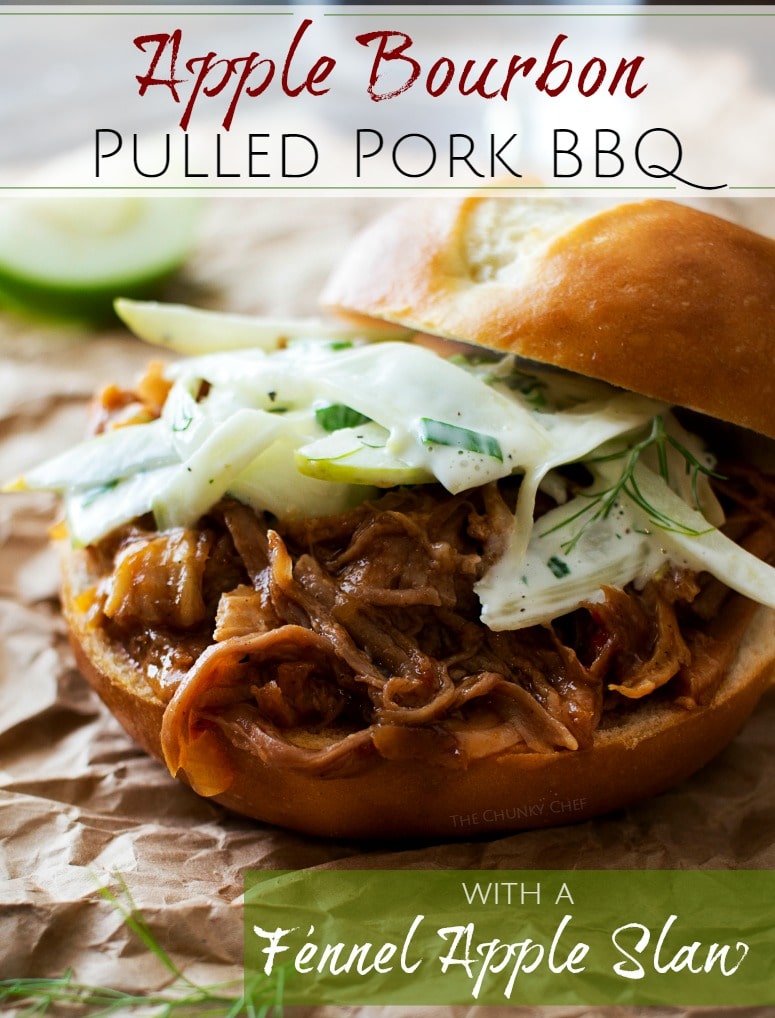 Apple Bourbon Pulled Pork Sandwiches | The Chunky Chef | Soft pretzel buns filled with tender, juicy apple bourbon pulled pork and topped with a refreshing apple fennel slaw. The King of pulled pork sandwiches!