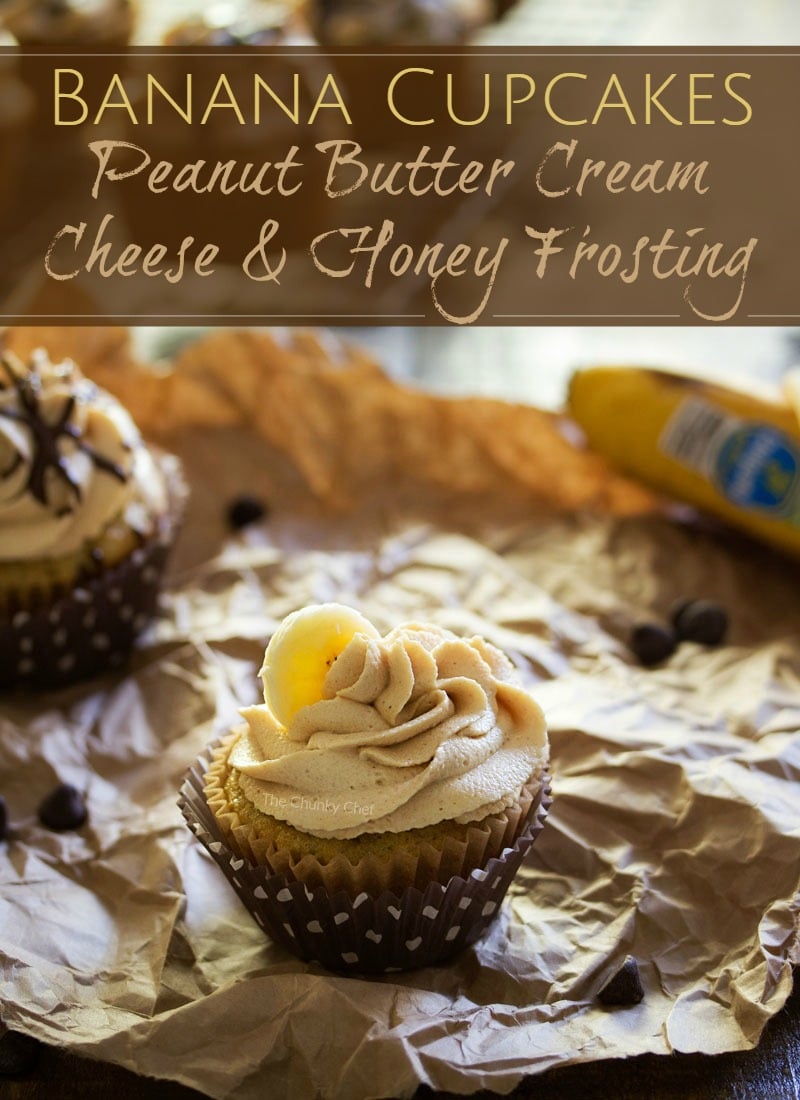 Banana Cupcakes | Unbelievably soft banana cupcakes are frosted with a creamy peanut butter cream cheese frosting that's kissed with honey, and drizzled with chocolate!
