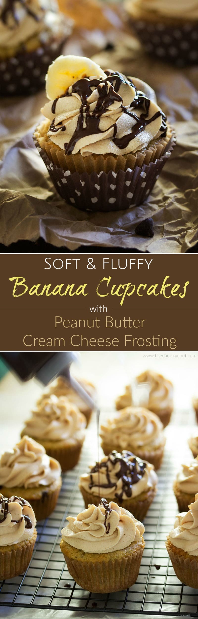 Banana Cupcakes | Unbelievably soft banana cupcakes are frosted with a creamy peanut butter cream cheese frosting that's kissed with honey, and drizzled with chocolate!