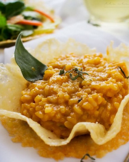 Pumpkin Risotto in Parmesan Bowls | Classic Fall flavors come together in this ultra creamy pumpkin risotto topped with fresh sage and a sprinkle of Parmesan... served in edible bowls!!