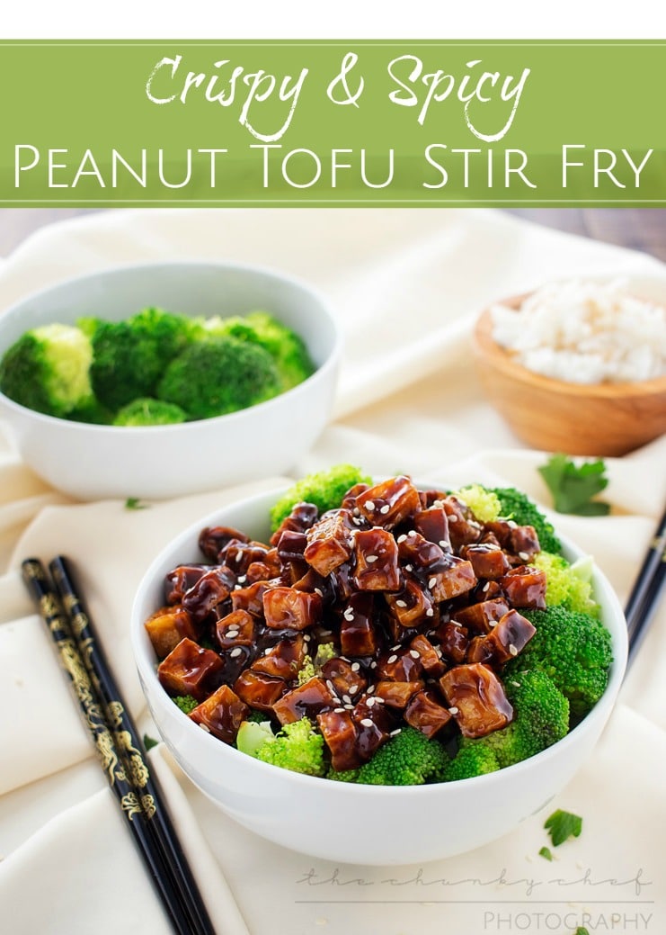 This tofu stir fry is great for vegetarians and meat eaters alike! Crispy baked tofu is stir fried in a deliciously flavorful spicy peanut sauce