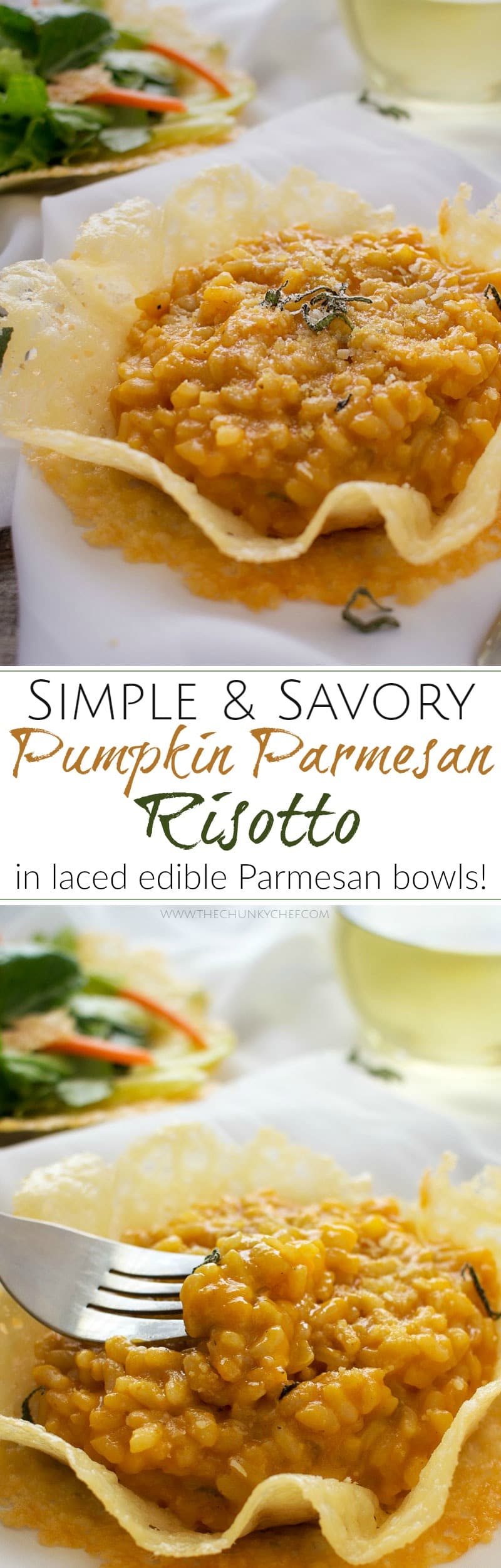 Pumpkin Risotto in Parmesan Bowls | Classic Fall flavors come together in this ultra creamy pumpkin risotto topped with fresh sage and a sprinkle of Parmesan... served in edible bowls!!