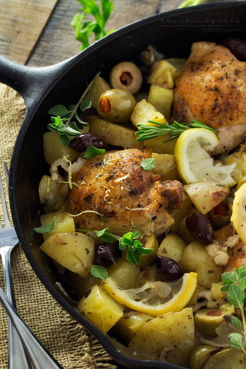 One Pan Mediterranean Braised Chicken | Fall in love with Mediterranean flavors with this easy and delicious one pan, one hour, braised chicken with creamy potatoes, roasted olives, bright lemon and fresh herbs! 