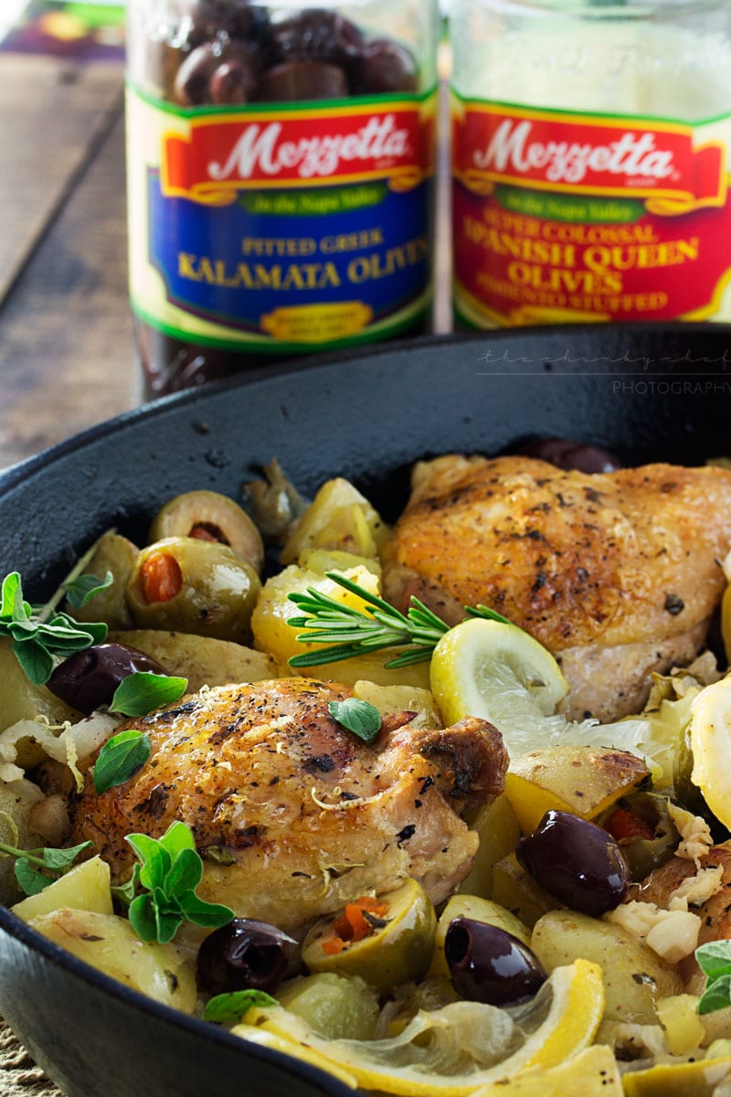 One Pan Mediterranean Braised Chicken | Fall in love with Mediterranean flavors with this easy and delicious one pan, one hour, braised chicken with creamy potatoes, roasted olives, bright lemon and fresh herbs!