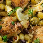 One Pan Mediterranean Braised Chicken | Fall in love with Mediterranean flavors with this easy and delicious one pan, one hour, braised chicken with creamy potatoes, roasted olives, bright lemon and fresh herbs!