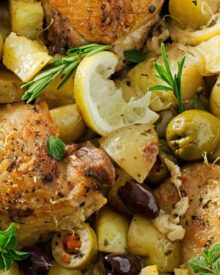 One Pan Mediterranean Braised Chicken | Fall in love with Mediterranean flavors with this easy and delicious one pan, one hour, braised chicken with creamy potatoes, roasted olives, bright lemon and fresh herbs!
