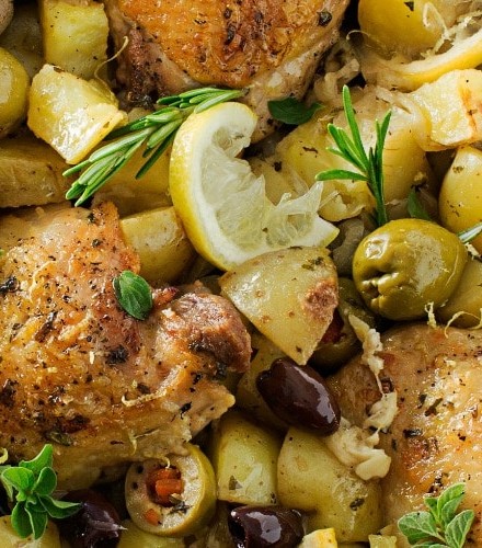 One Pan Mediterranean Braised Chicken | Fall in love with Mediterranean flavors with this easy and delicious one pan, one hour, braised chicken with creamy potatoes, roasted olives, bright lemon and fresh herbs!