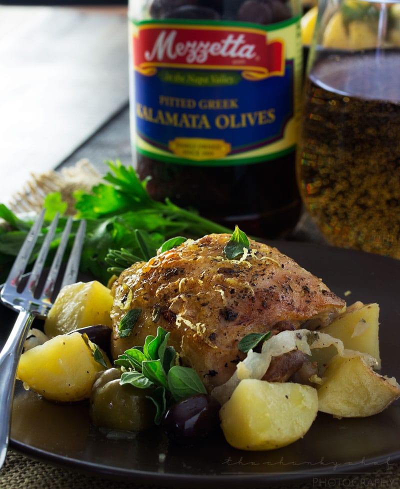 One Pan Mediterranean Braised Chicken | Fall in love with Mediterranean flavors with this easy and delicious one pan, one hour, braised chicken with creamy potatoes, roasted olives, bright lemon and fresh herbs! 