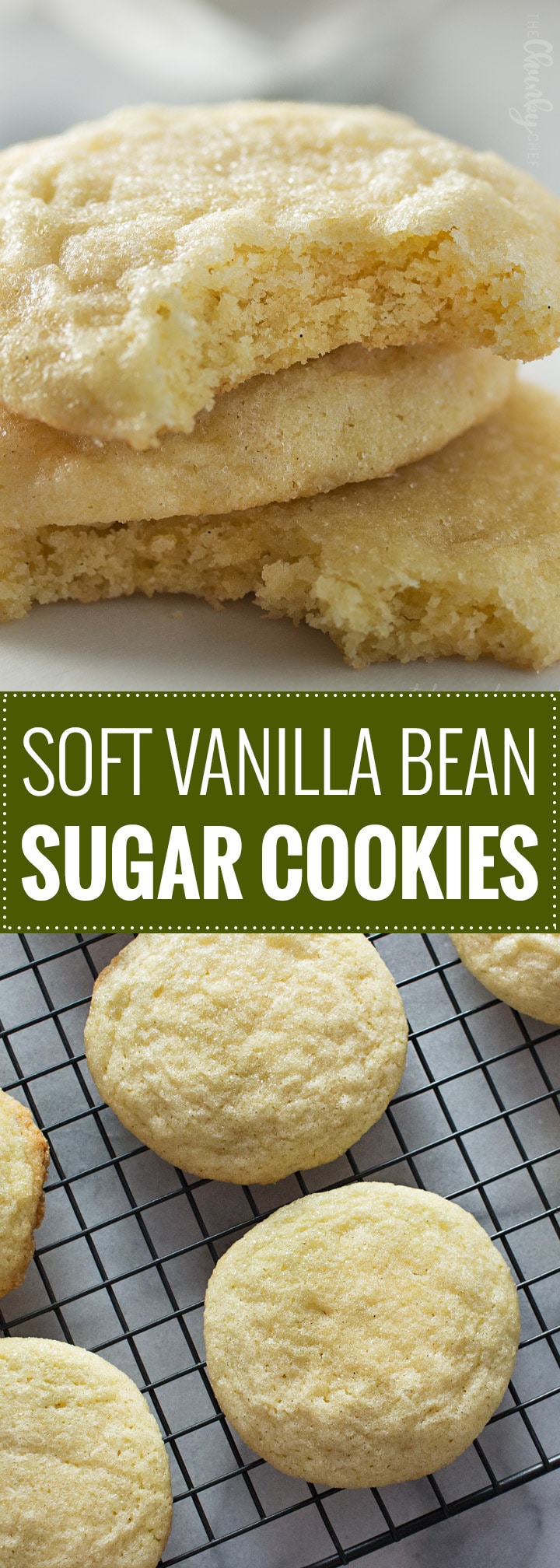 Soft Vanilla Bean Sugar Cookies | If you like soft and chewy sugar cookies, then this is THE recipe for you!  Rolled in granulated sugar, these thick cookies have a buttery richness and plenty of vanilla flavor. | The Chunky Chef | #sugarcookies #sugarcookierecipe #holidaybaking #softandchewy #Christmascookies
