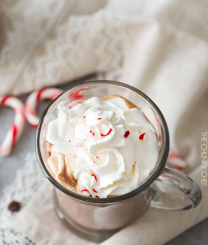 5 Minute Hot Chocolate | Thick, creamy, homemade hot chocolate, made easily in just 5 minutes! Add a bit of peppermint extract for a kiss of festive peppermint flavor! | http://thechunkychef.com