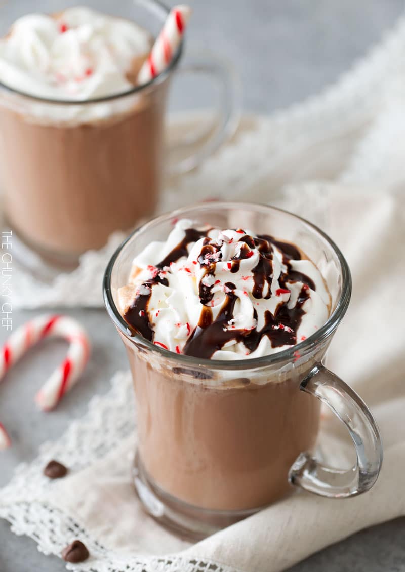 5 Minute Hot Chocolate | Thick, creamy, homemade hot chocolate, made easily in just 5 minutes! Add a bit of peppermint extract for a kiss of festive peppermint flavor! | http://thechunkychef.com