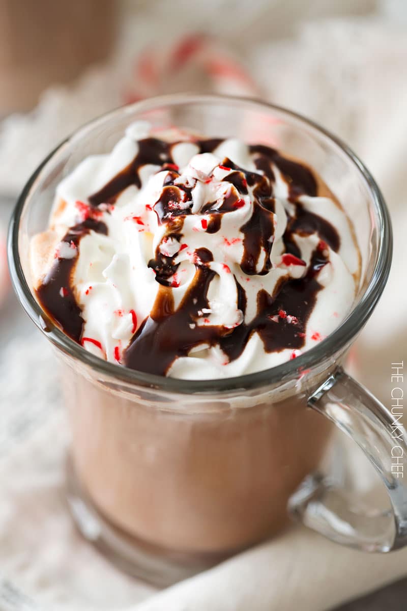 5 Minute Hot Chocolate | Thick, creamy, homemade hot chocolate, made easily in just 5 minutes! Add a bit of peppermint extract for a kiss of festive peppermint flavor! | http://thechunkychef.com