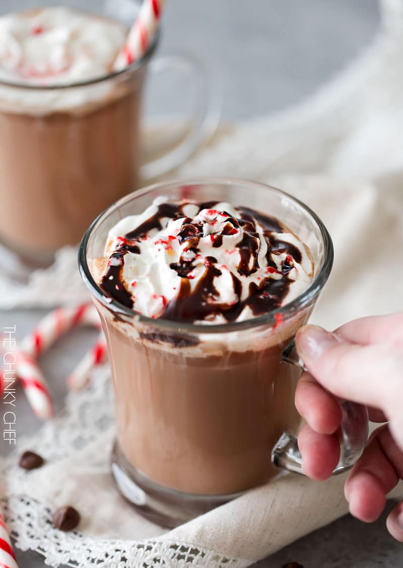 5 Minute Hot Chocolate | Thick, creamy, homemade hot chocolate, made easily in just 5 minutes! Add a bit of peppermint extract for a kiss of festive peppermint flavor! | http://thechunkychef.com