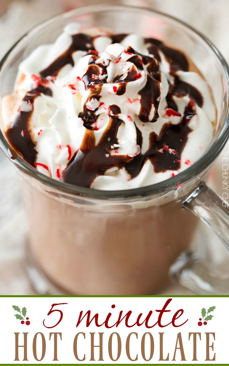 5 Minute Hot Chocolate | Thick, creamy, homemade hot chocolate, made easily in just 5 minutes! Add a bit of peppermint extract for a kiss of festive peppermint flavor! | http://thechunkychef.com