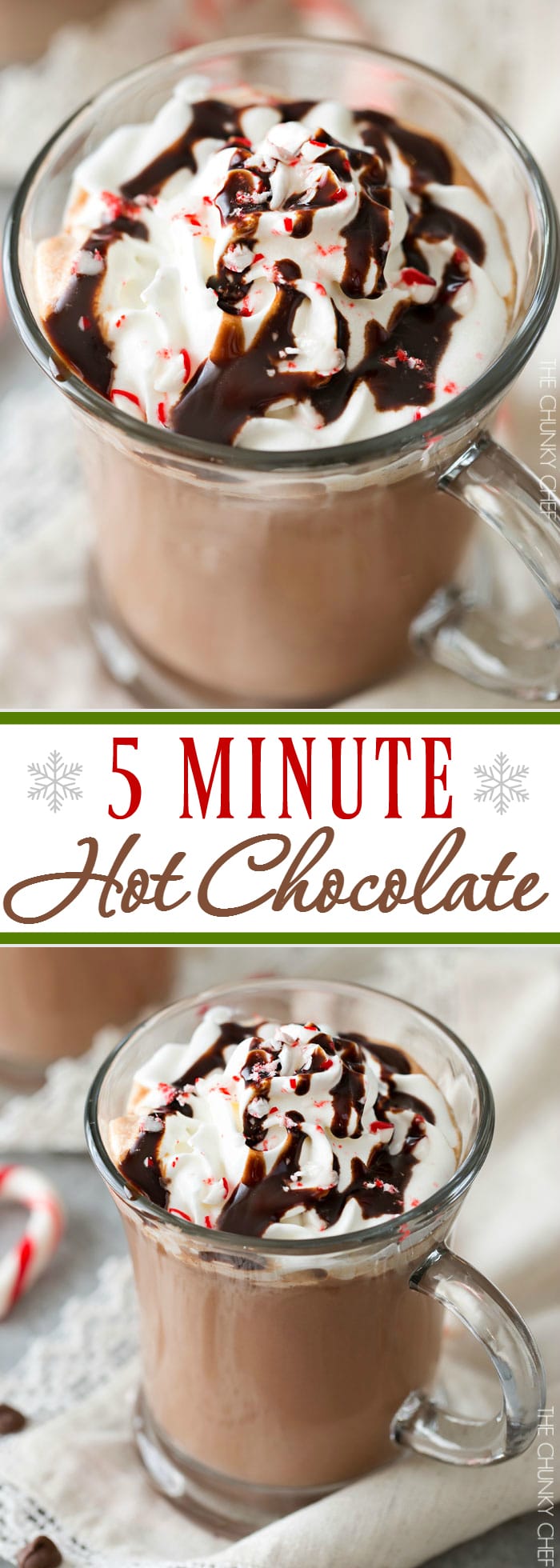 5 Minute Hot Chocolate | Thick, creamy, homemade hot chocolate, made easily in just 5 minutes! Add a bit of peppermint extract for a kiss of festive peppermint flavor! | http://thechunkychef.com